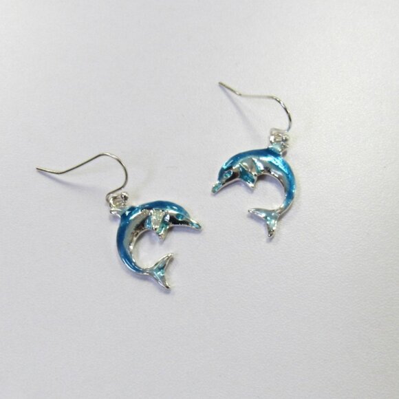 Silver Plated Blue Dolphin Dangle Drop Pierced Earrings - Picture 1 of 3